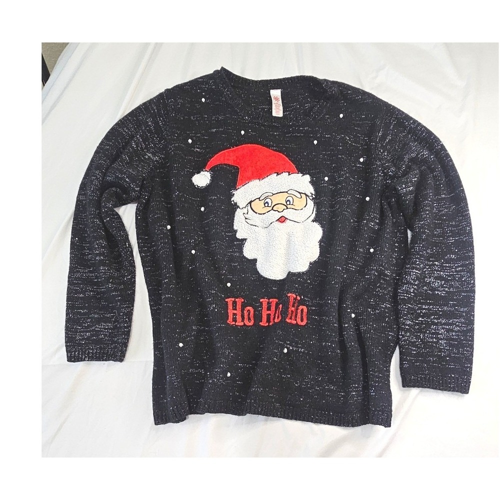 Holiday Time Santa Ho Ho Ho Black Silver Metallic Christmas Sweater Womens 3X
